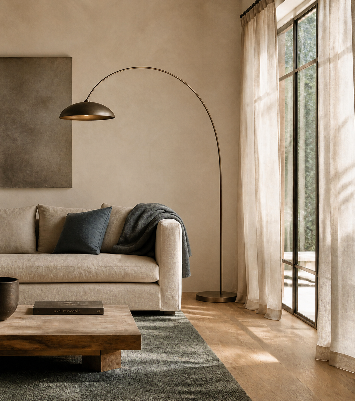 Heller Wohnraum mit Bogenlampe, Leinenvorhängen und ruhigen, gedeckten Farben