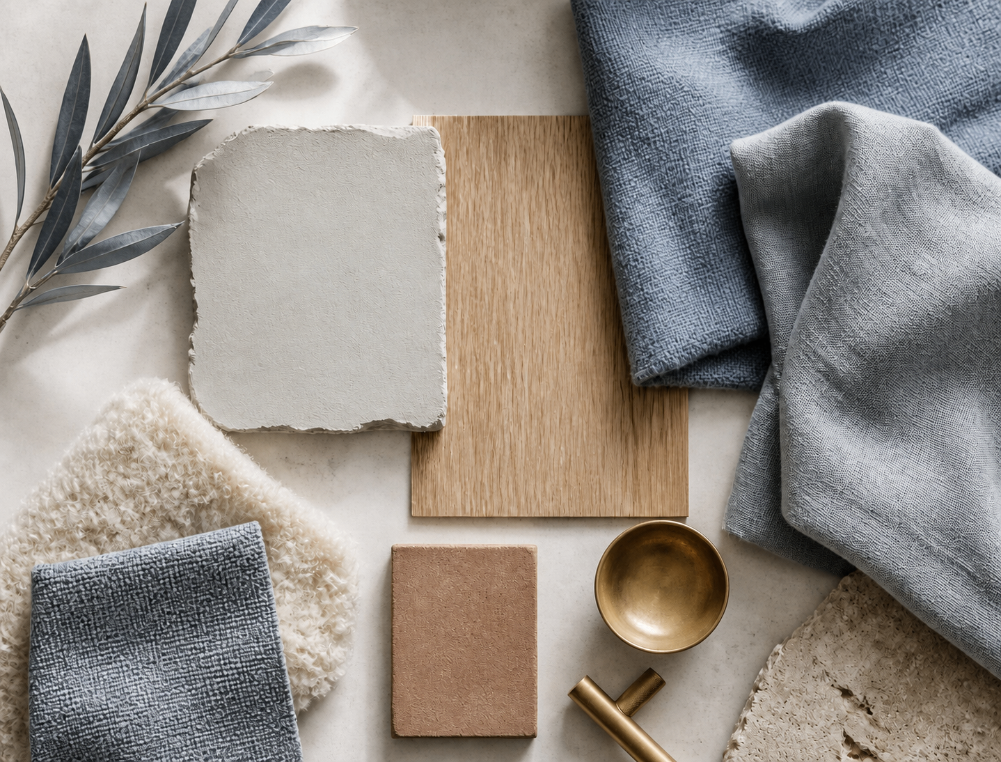 Moodboard mit Materialproben aus Kalkputz, Eiche, Leinen und Wolle