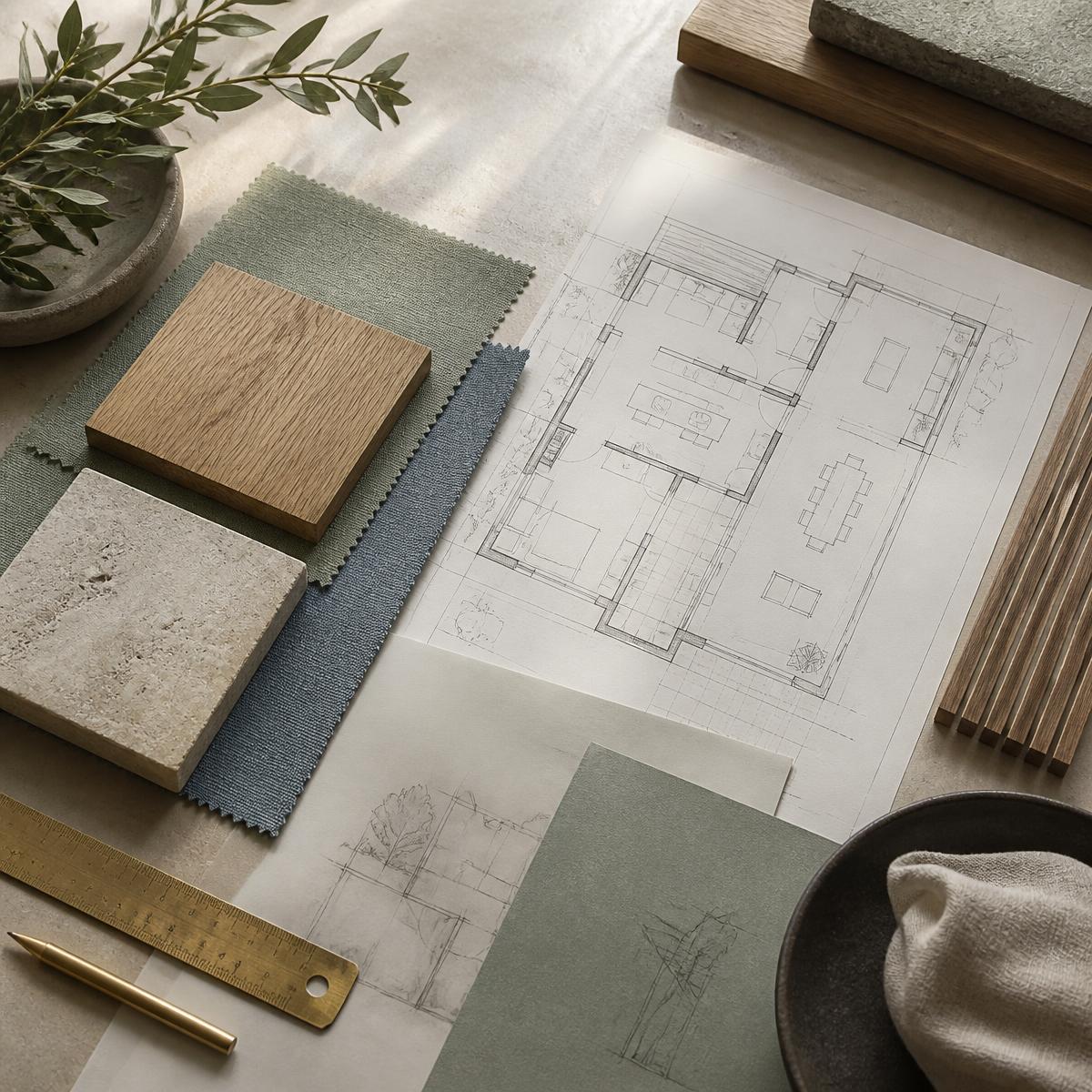 Arbeitsplatz mit Grundriss, Materialproben aus Holz, Stein und Leinen